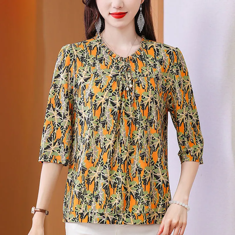 

Folk Broken Flowers Blouse Summer Casual Drawstring V-Neck Women's Clothing Half Sleeve Prairie Chic Printed Commute Folds Shirt