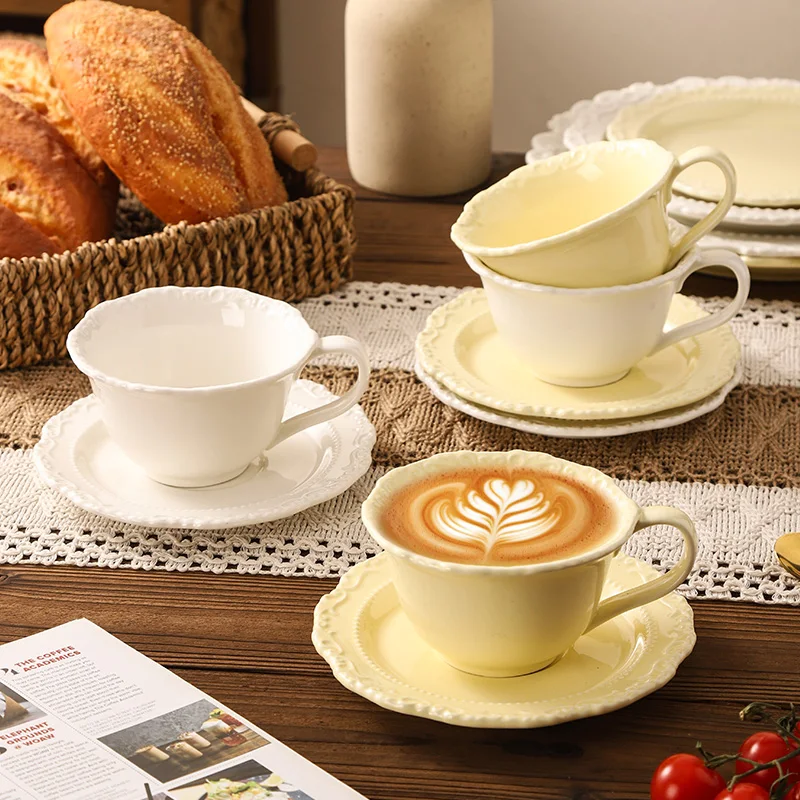 

French Relief Retro Coffee Cup Dish Sets 220ml Household New Ceramic Exquisite Solid Handle Mugs High End Round Compact Dish