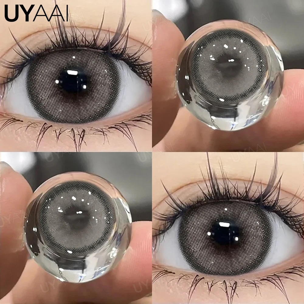 UYAAI Korea Fashion Beauty【1*contacts Lenses+1*tweezers+1*lenses Case】Yearly Soft Lenses Comfort Brown Eyes Gray Gloss Eyes