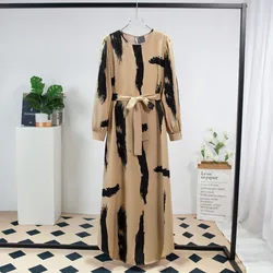 Prayer Ramadan Maxi Dress Women Casual Dresses With Belt Fashion Full Sleeve A-line Loose O-neck Printed Long Dresses Muslim