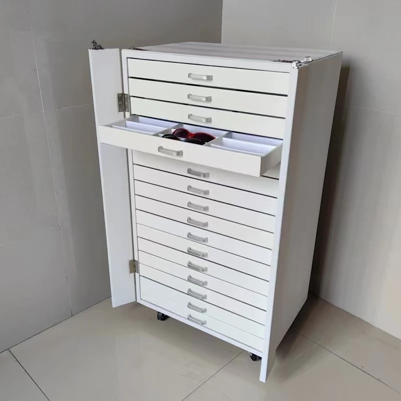 Exhibition Sunglasses Cabinet with Wheels Cart Glasses Portable Black Pu Storage Box