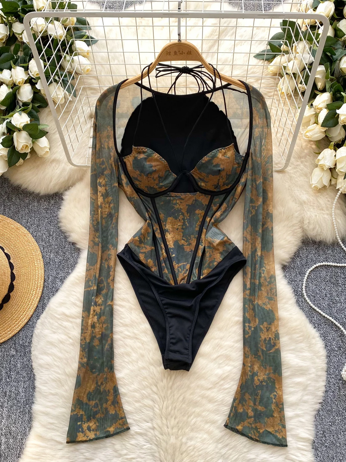 

Europe America Sexy Low-cut Halter Neck Mesh Floral Long-sleeved Slim-fitting Jumpsuit Fitness Y2k Top Rompers Jumpsuit Women