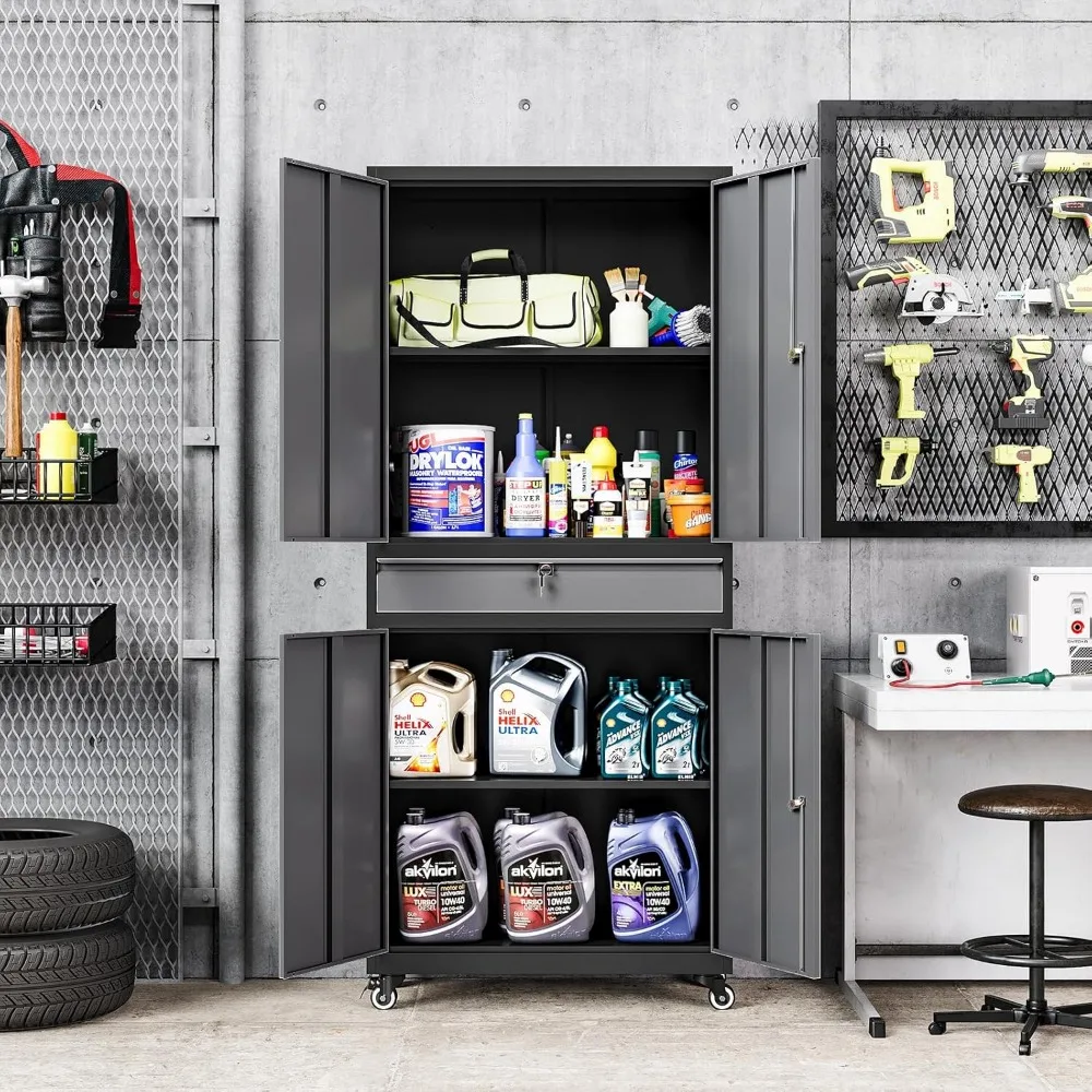 Gabinete de almacenamiento con ruedas de metal con cajones y puertas, unidad de almacenamiento de garaje alta para organización en sótanos y talleres