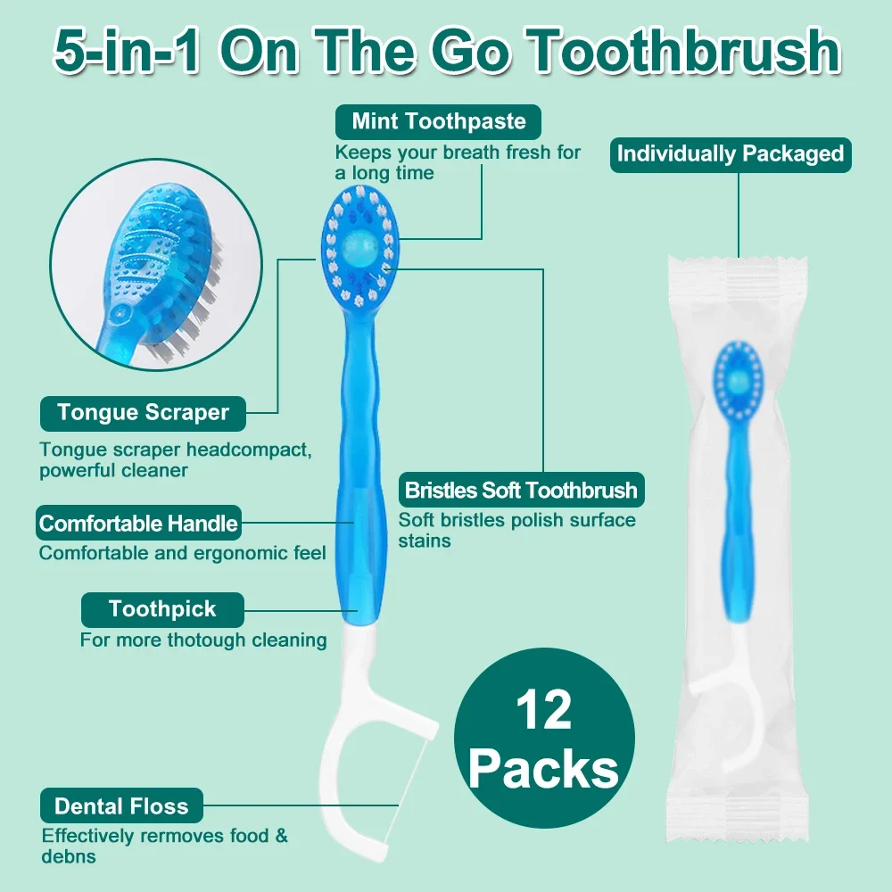 12pcs Disposable Toothbrush Exploded Bead Adult Cleaning Toothbrush Portable Travel Tooth Brush With Dental Floss Tongue Scraper