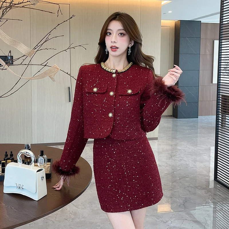 High Quality French Vintage Tweed Two Piece Set Women Luxury Jacket Coat + Skirt Suits Fall Winter Christmas 2 Piece Outfits