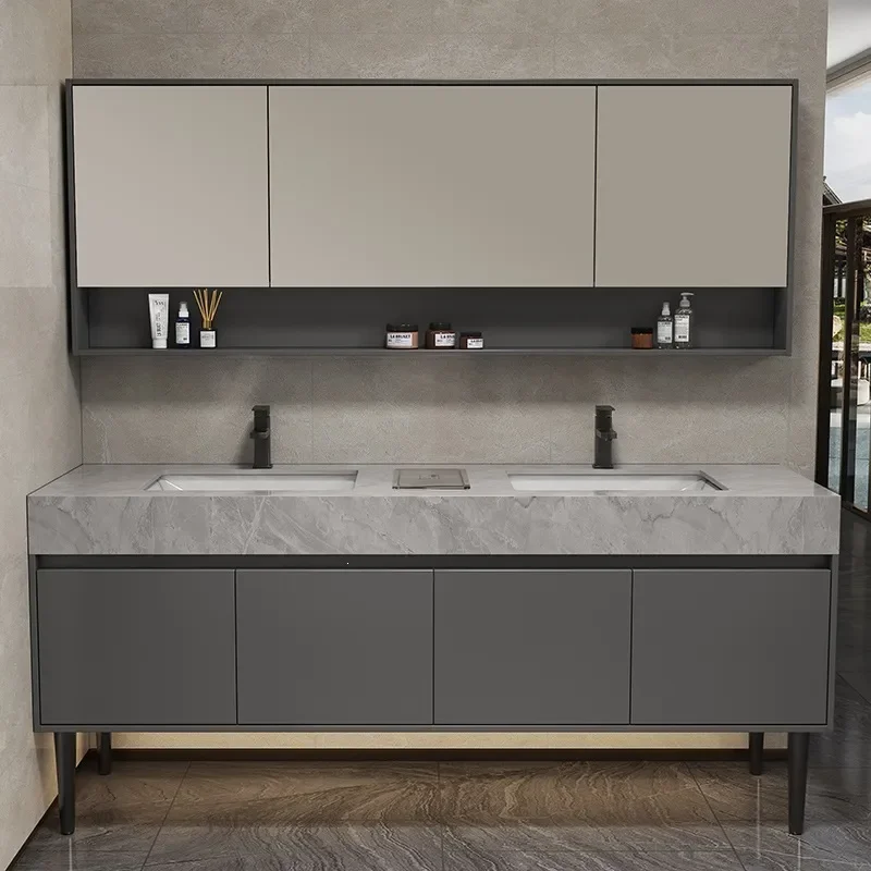 Floor to Ceiling Double Sink Bathroom Vanity Set Public Restroom Washstand with Basins Modern Storage Cabinet Combo