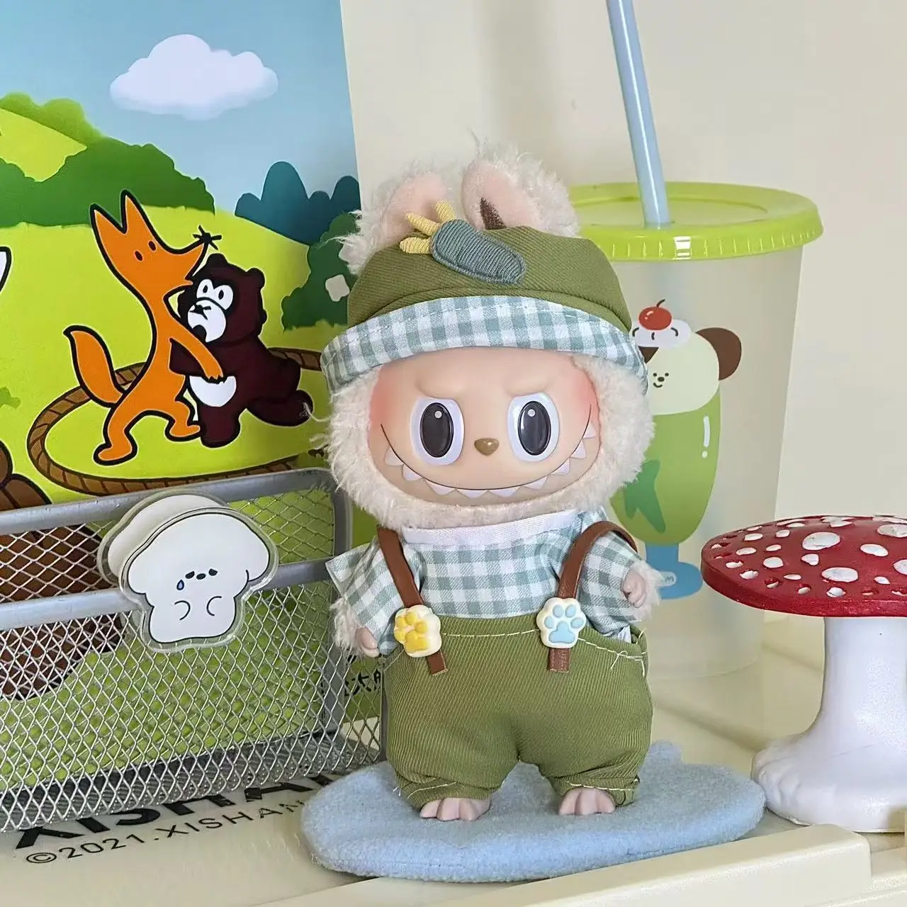 

Factory Wholesale Labubu 1st 2nd 3rd Gen 17cm Doll Clothes Summer Hot Sale Green Set Overalls