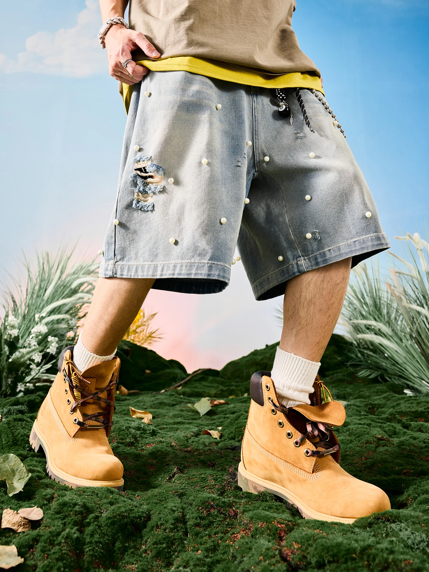 

Nuthink American Retro Pearl Denim orts Men's Loose Five-Pointed Waed orts Casual Daily Wear Polyester Cotton Blend