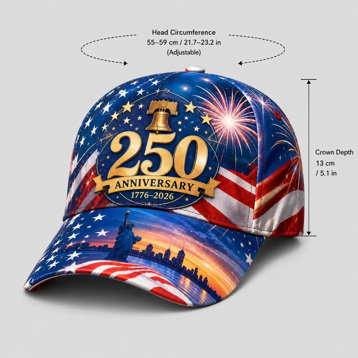 Custom 1pc American Flag Liberty Bell Skyline Adjustable Unisex Dad Hat Suitable As An Independence Day Gift