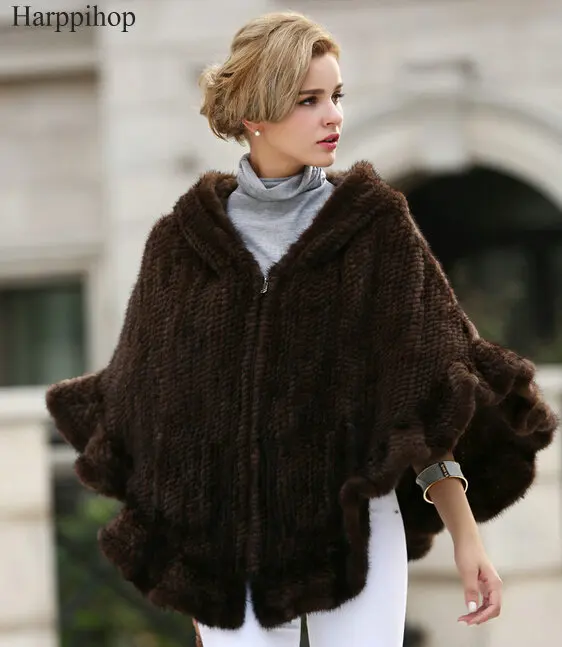 2021 New Genuine Mink Fur Shawl Knitted Real Mink Fur Poncho For Women Natural Fur Warp With Hood Winter Mink Fur Jacket