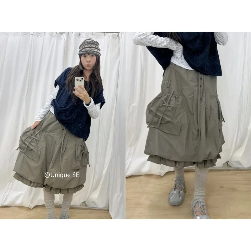 Streetwear Pleated Lace-up Loose Cargo Skirt Women 2026 Summer High Waist Solid Color All-match Casual Mid-length Skirt