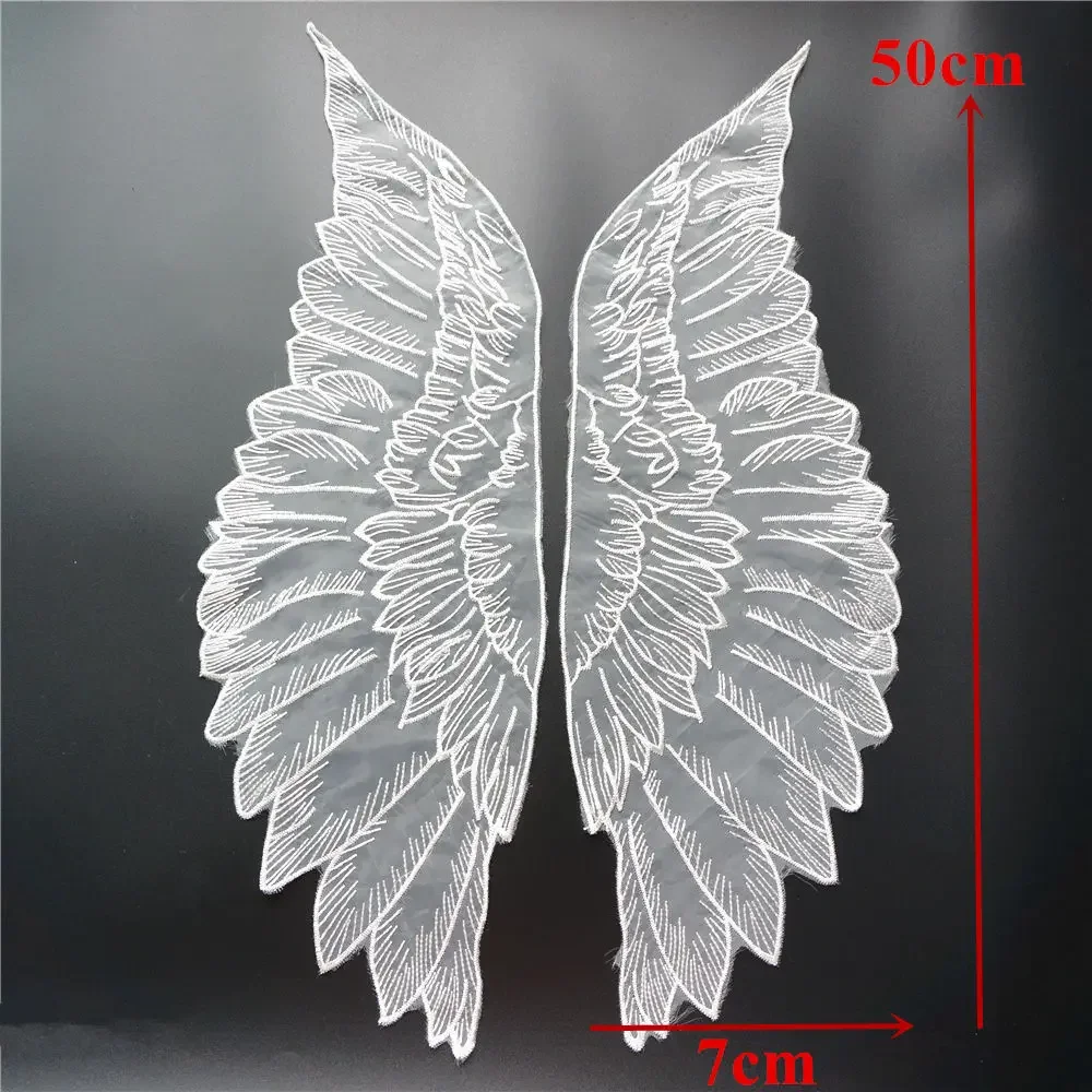 2PCS White Black Fabric Feather Wings Wedding Gown Appliques Embroidered Lace Collar Sew On Patches For Dress DIY Decoration