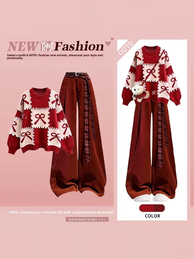 

Cisas New Year Women's Gentle Sle Red Bow Knot round Ne Sweater Wide Leg Pants Winter High-End Feeling Set Faionabl...
