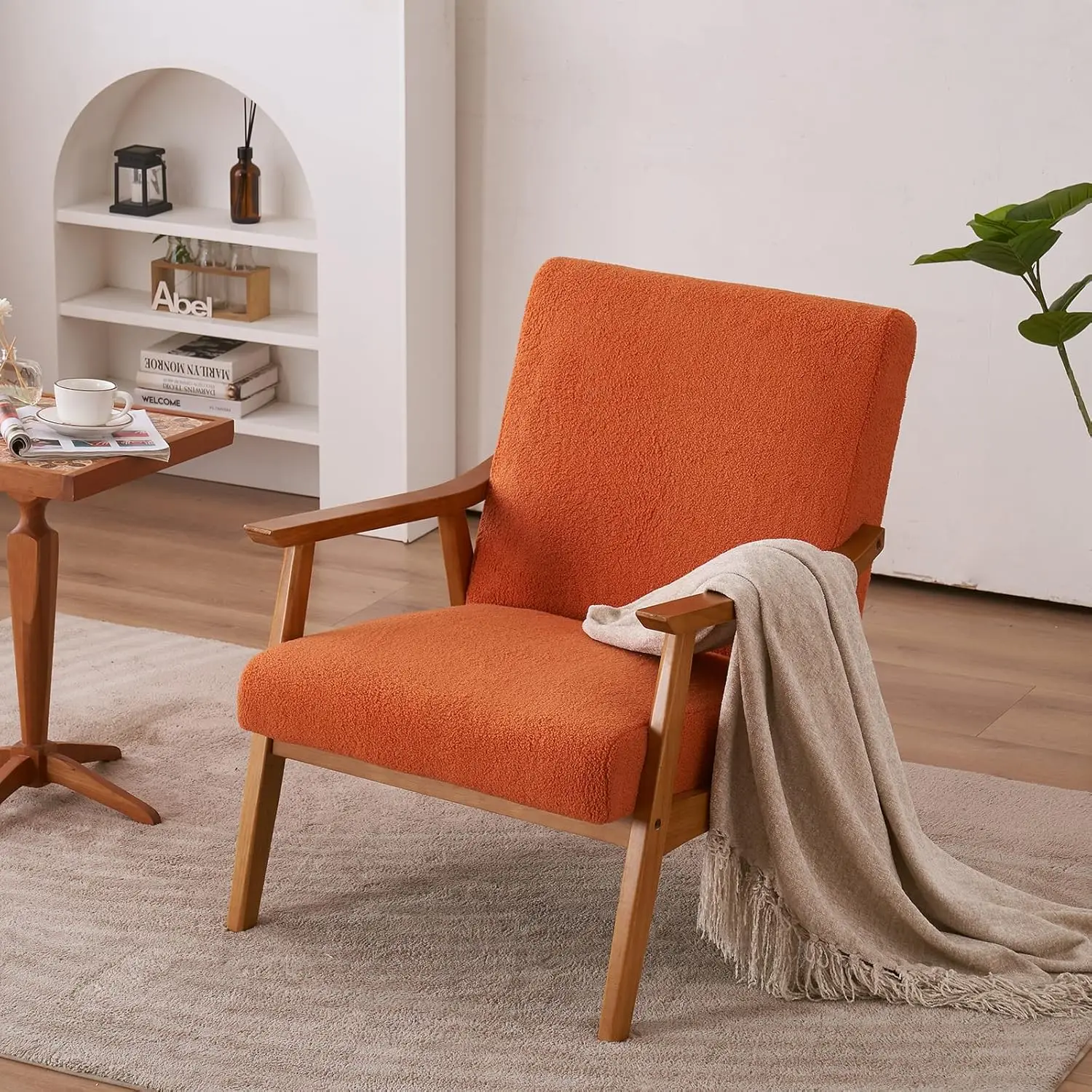 

Mid-Century Style Armchair Modern Retro Lounge Chair with Solid Wood Frame Upholstered Teddy Wool Fabric