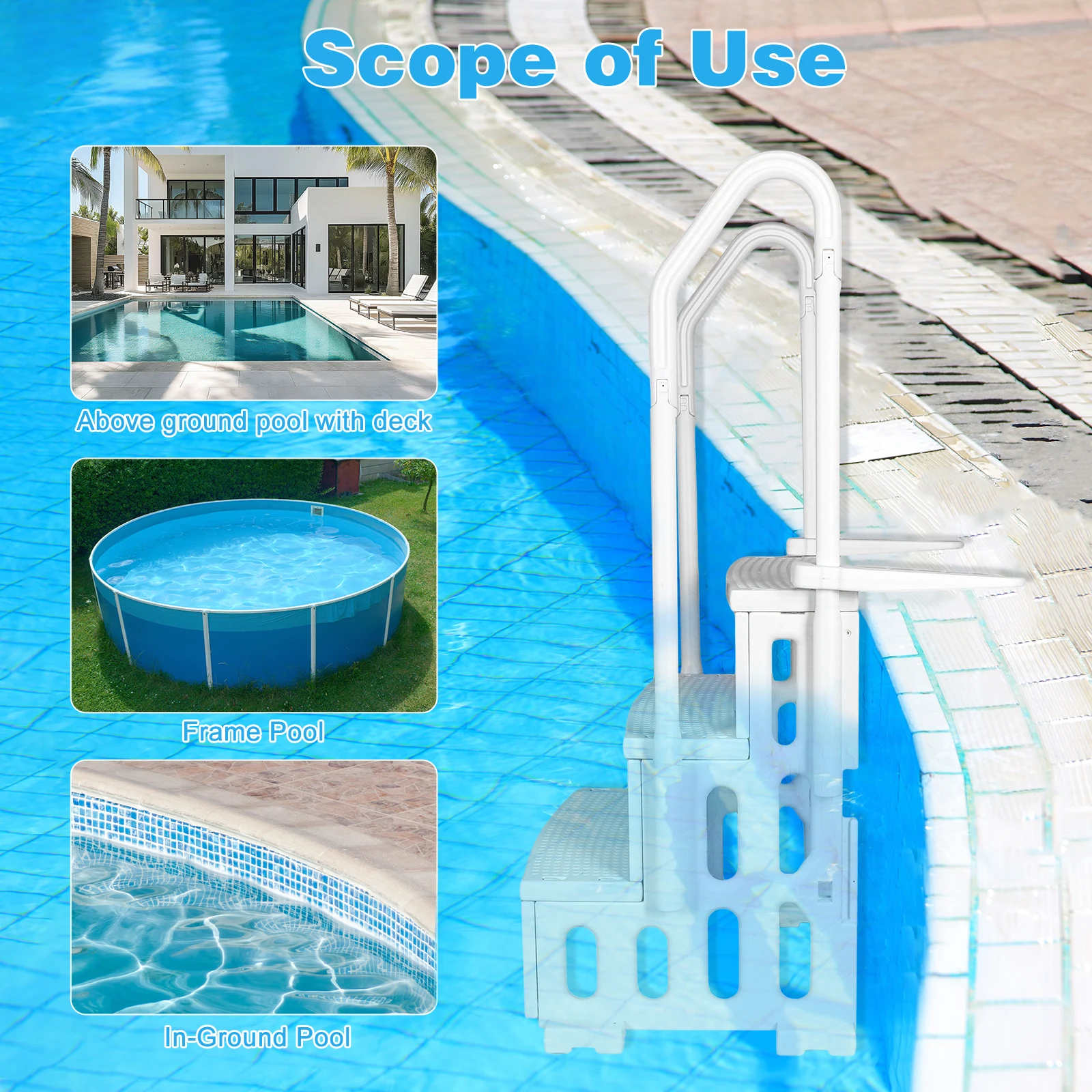 Échelle de piscine détachable, Double mains courantes, escaliers avec marches antidérapantes et robustes pour diverses tailles creusées et hors sol