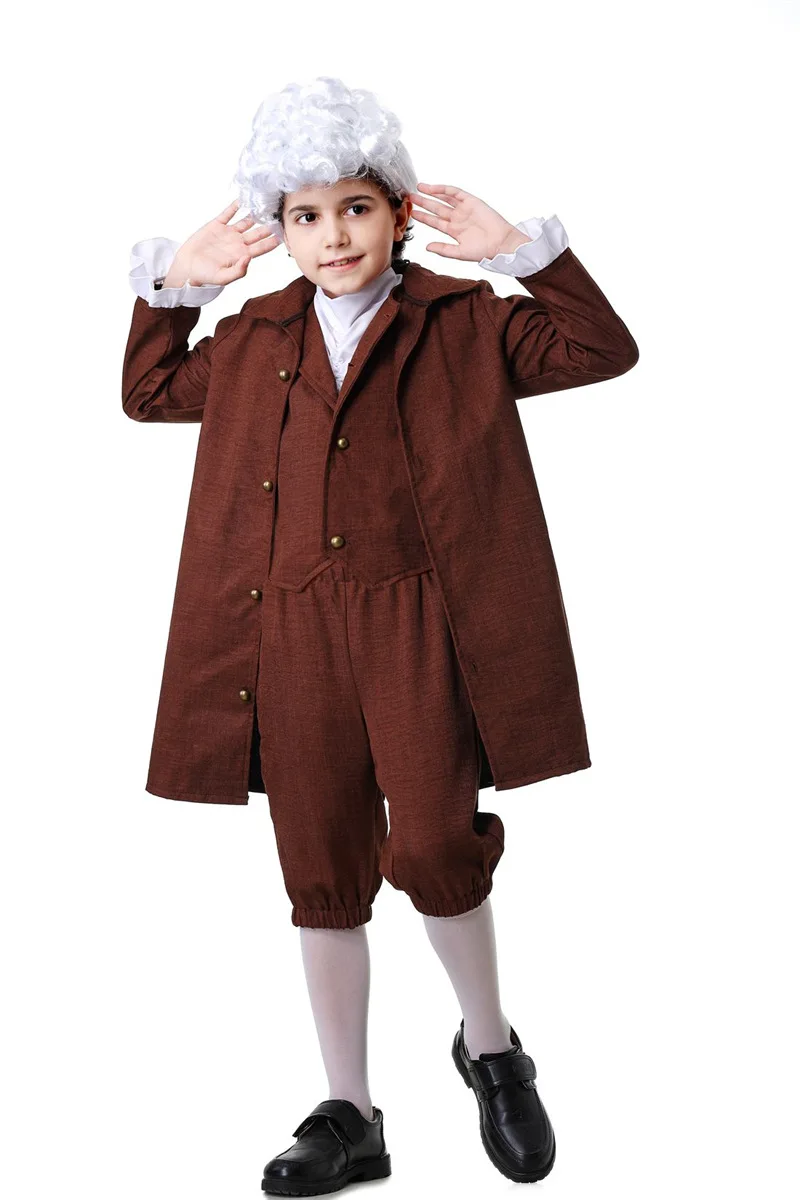 

Halloween Lawyer Costume Brown Suit Washington Lawyer with Wig Lace Sleeves Cuffs Set