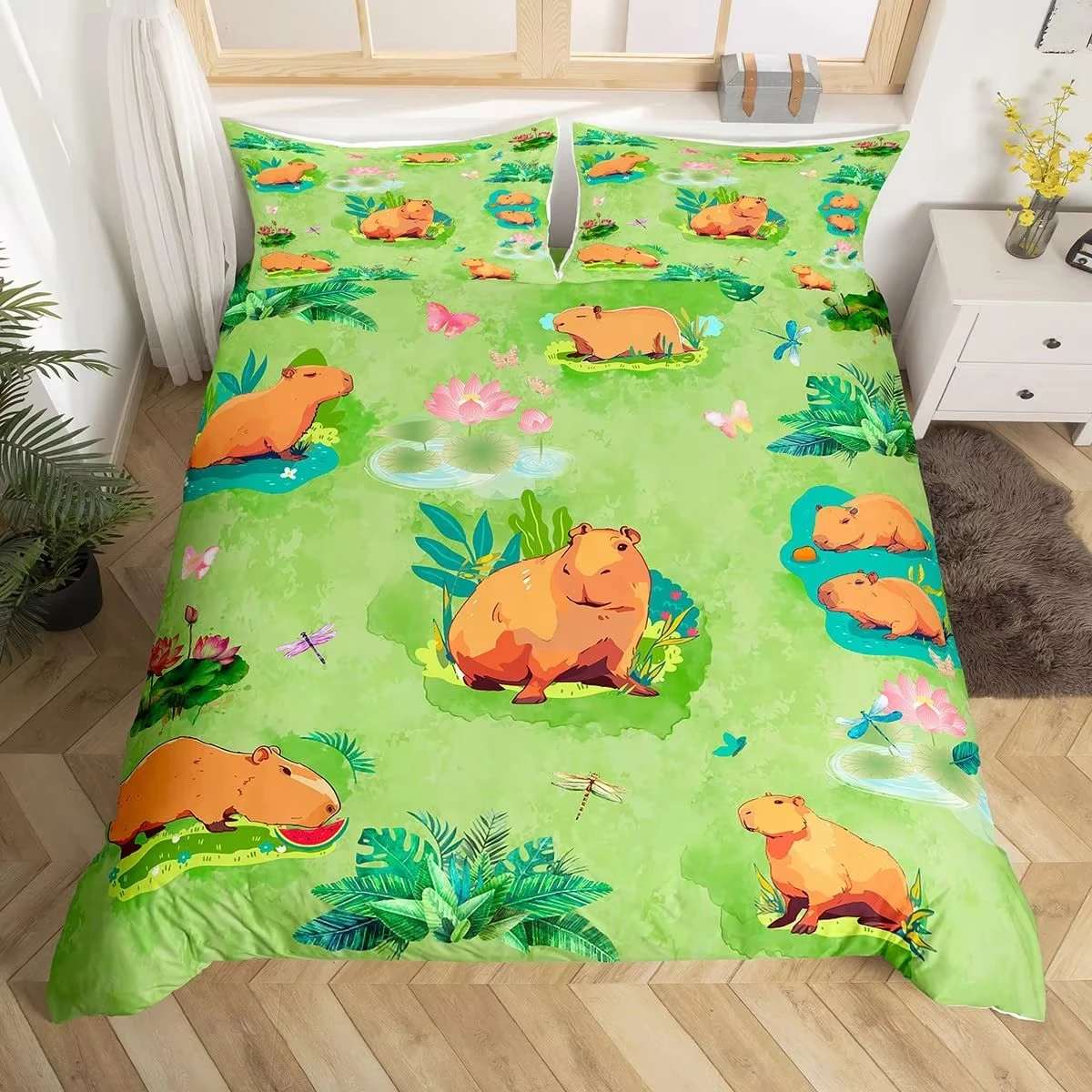 Cabybara Duvet Cover Twin Queen Rodent Animal Bedding Set for Girls Women Dragonfly Lotus Flower Comforter Cover with Pillowcase