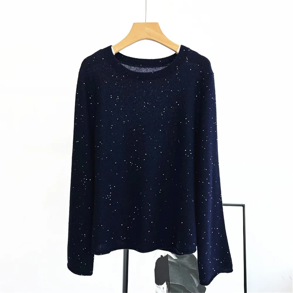 

25 Autumn/Winter New Women's Round Neck Long Sleeve Curled Edge Loose Sequin Fashion Cashmere Knitted Top