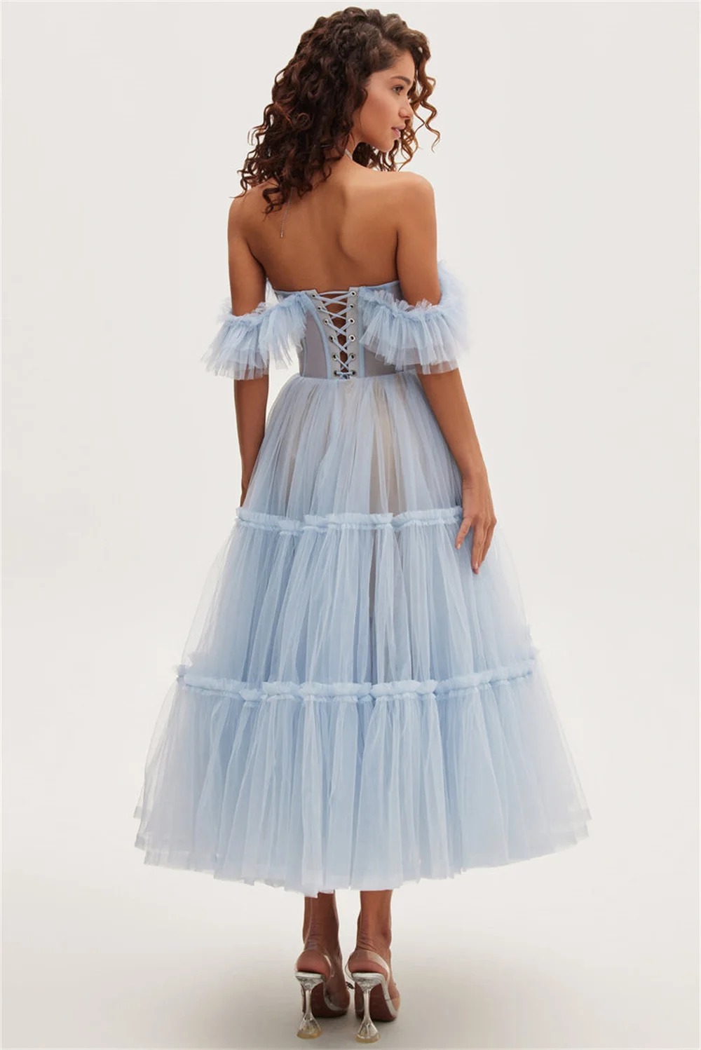 Sansa Sky Blue Simple  Puffy Sleeves A-line Prom Dress Off Shoulder Vestidos De Fiesta Sexy Lace up Back Evening Dress 2024