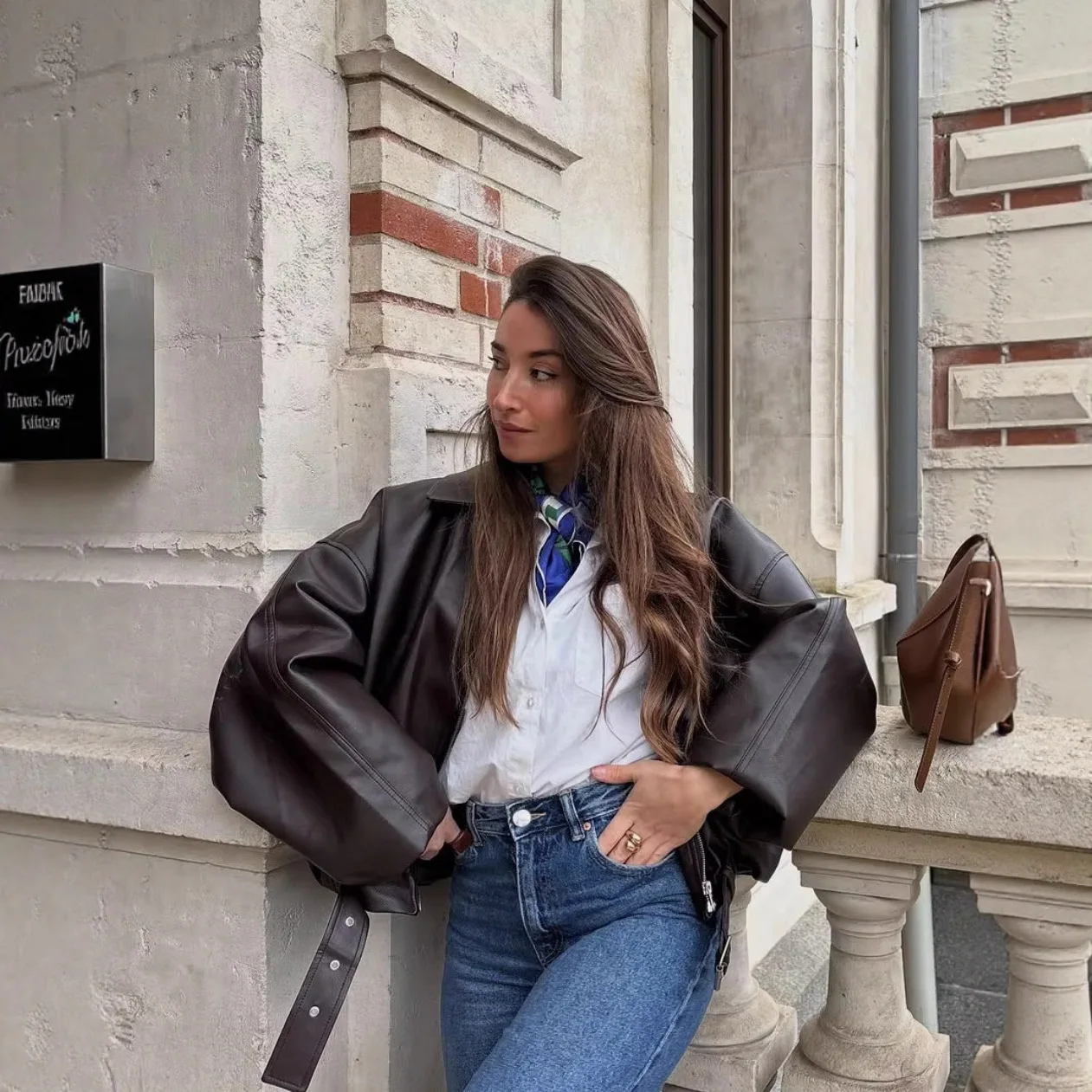 Women's Fashion Style Leather Jacket With Belt Long Sleeves Coat Stand Collar Zip Warm Solid Color Casual Jacket For Women WB97
