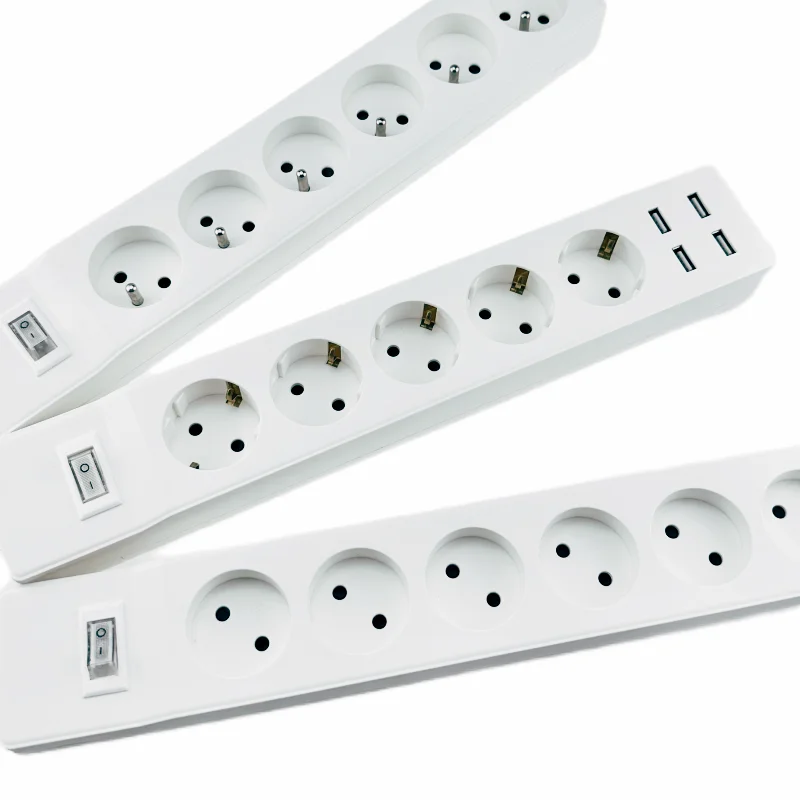 EU  Standard German France Type Socket Power Strip 2 Pin Plug With LED Indicator Switch 5/6  ways with USB EU PLUG Power Strip