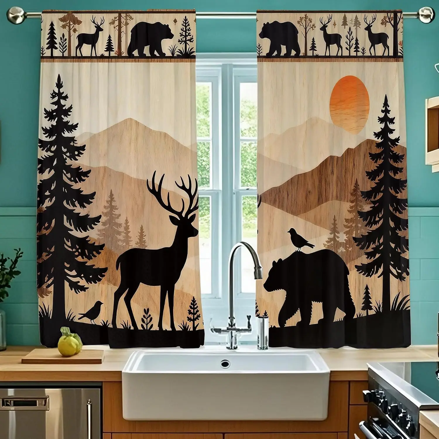 Wood Deer Bear Curtain Pine Mountain Bird Sunset Silhouette Print Light Filter Drape For Farm Bedroom Kitchen Homestay Decor