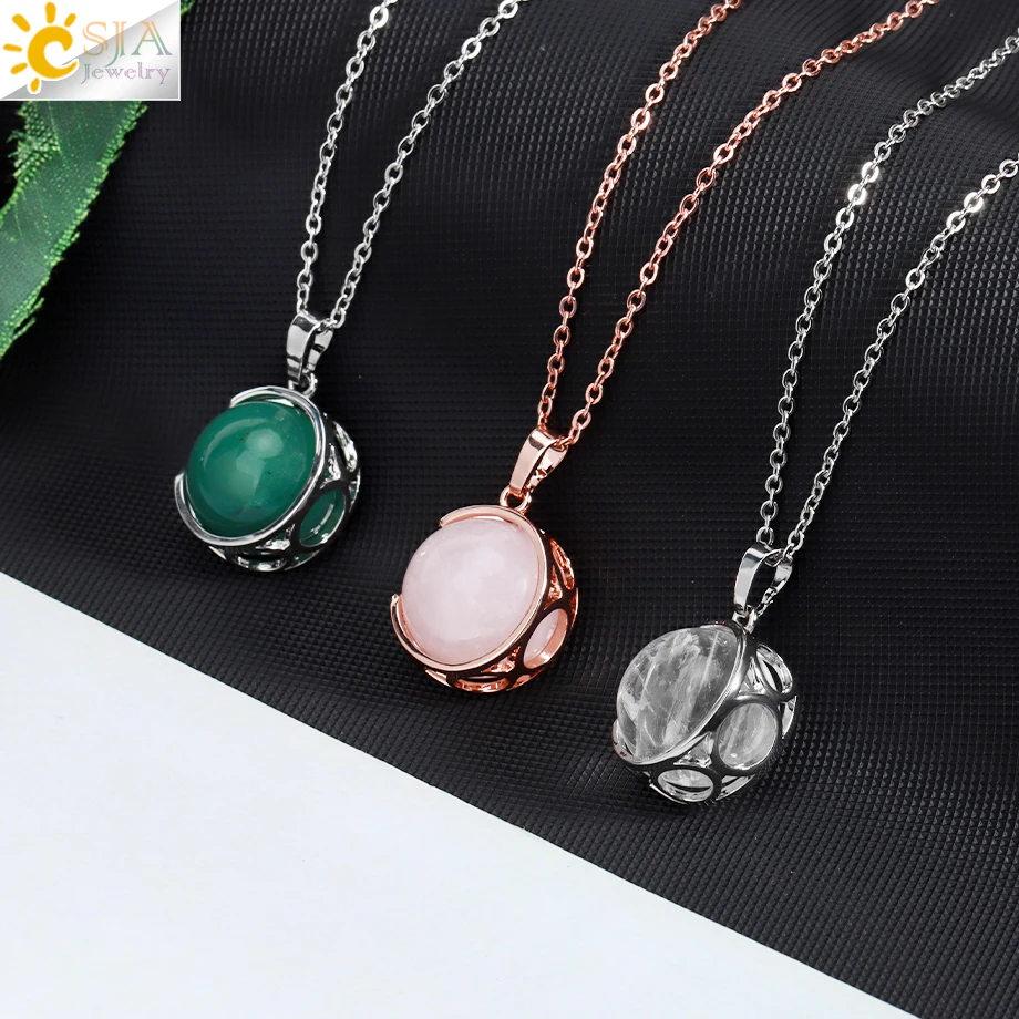 CSJA Natural Stone Round Bead Pendant Necklace for Man Women Amethysts Crystal Stainless Steel Chain Necklaces Jewelry H232