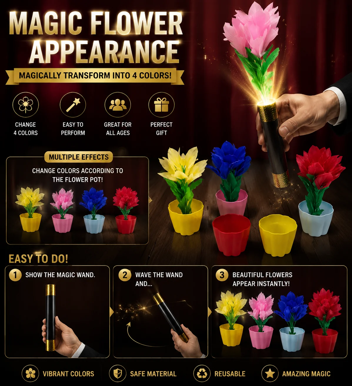 魔法の花の杖トリック-色が変わる花の出現-イリュージョン小道具-ステージ-クローズアップマジック