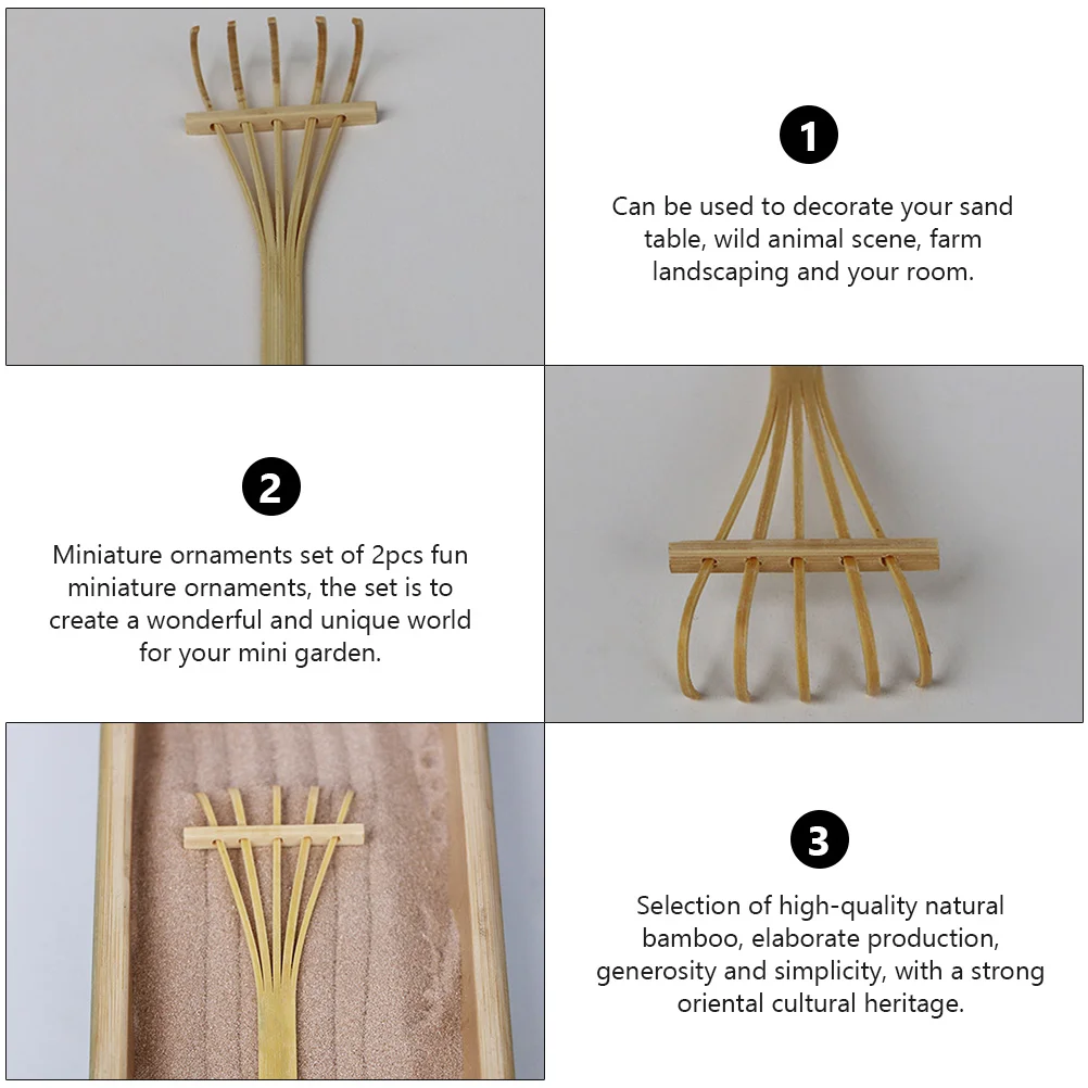 대나무 모래 갈퀴 틴인 데스크탑 미니, 샌드박스 장식, 정원 선 아동용, 5 치아, 2 개