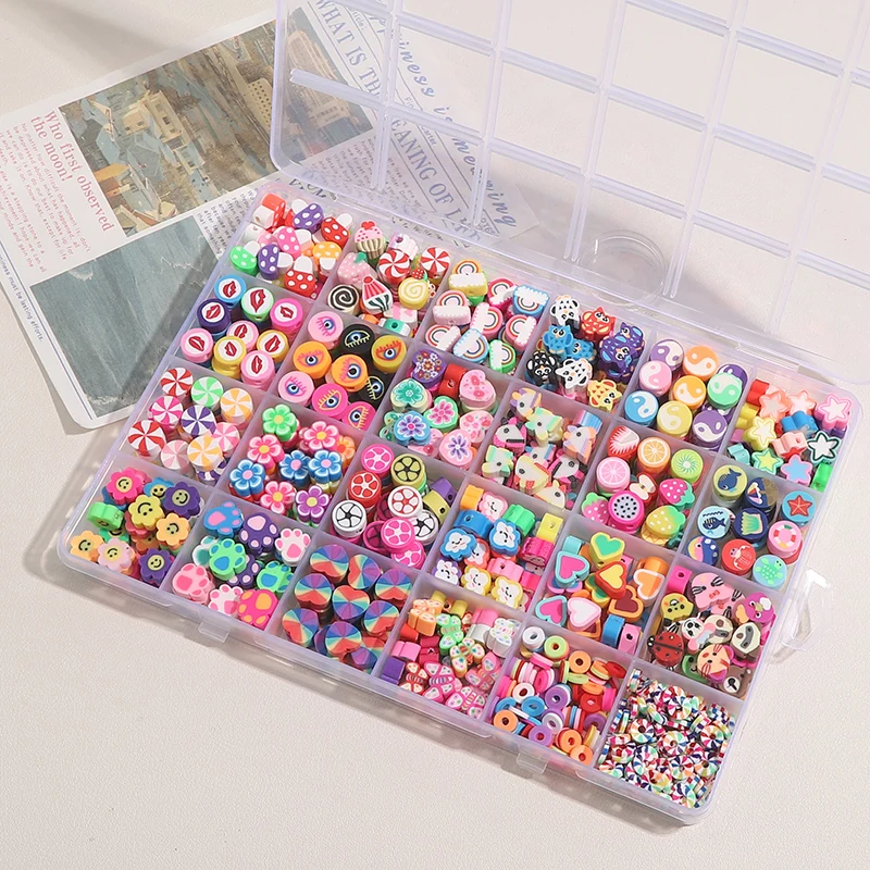 

1 Set/Box 24 Styles Polymer Clay Beads Kit Cute Fun Clay Beads Flower Butterfly Heart Beads Bracelet For Necklace Making DIY