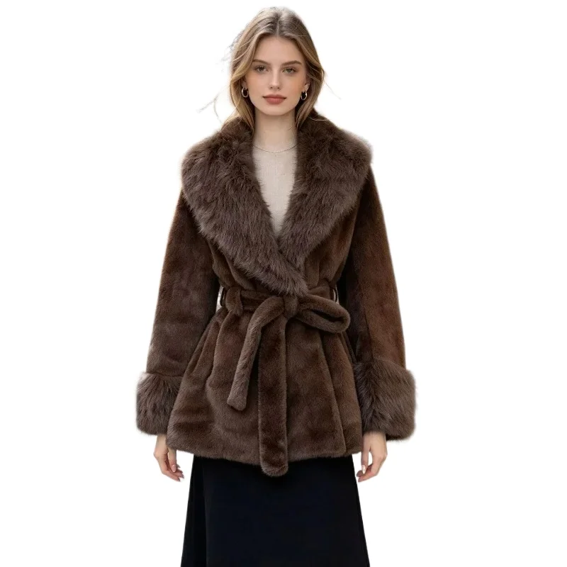 Faux Fur Coat Women Lace-up Waist Slimming High-end Short Jacket Large Lapel Fur Coat Fashion Warm Women Clothing Winter Coat .