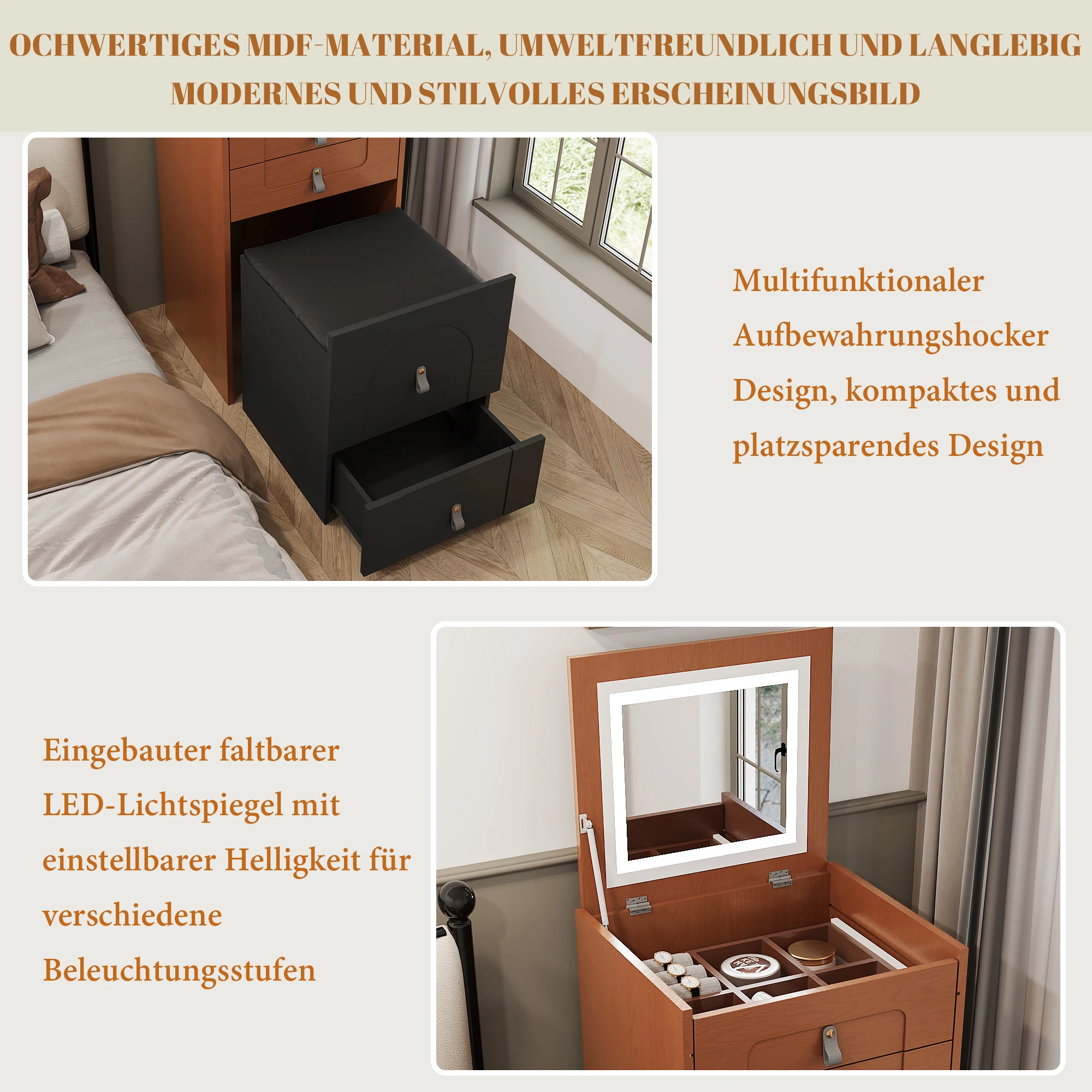 Dressing table (Contains Makeup stool), Multifunctional storage Shocker bedside table, with Mirror and LED Lighting