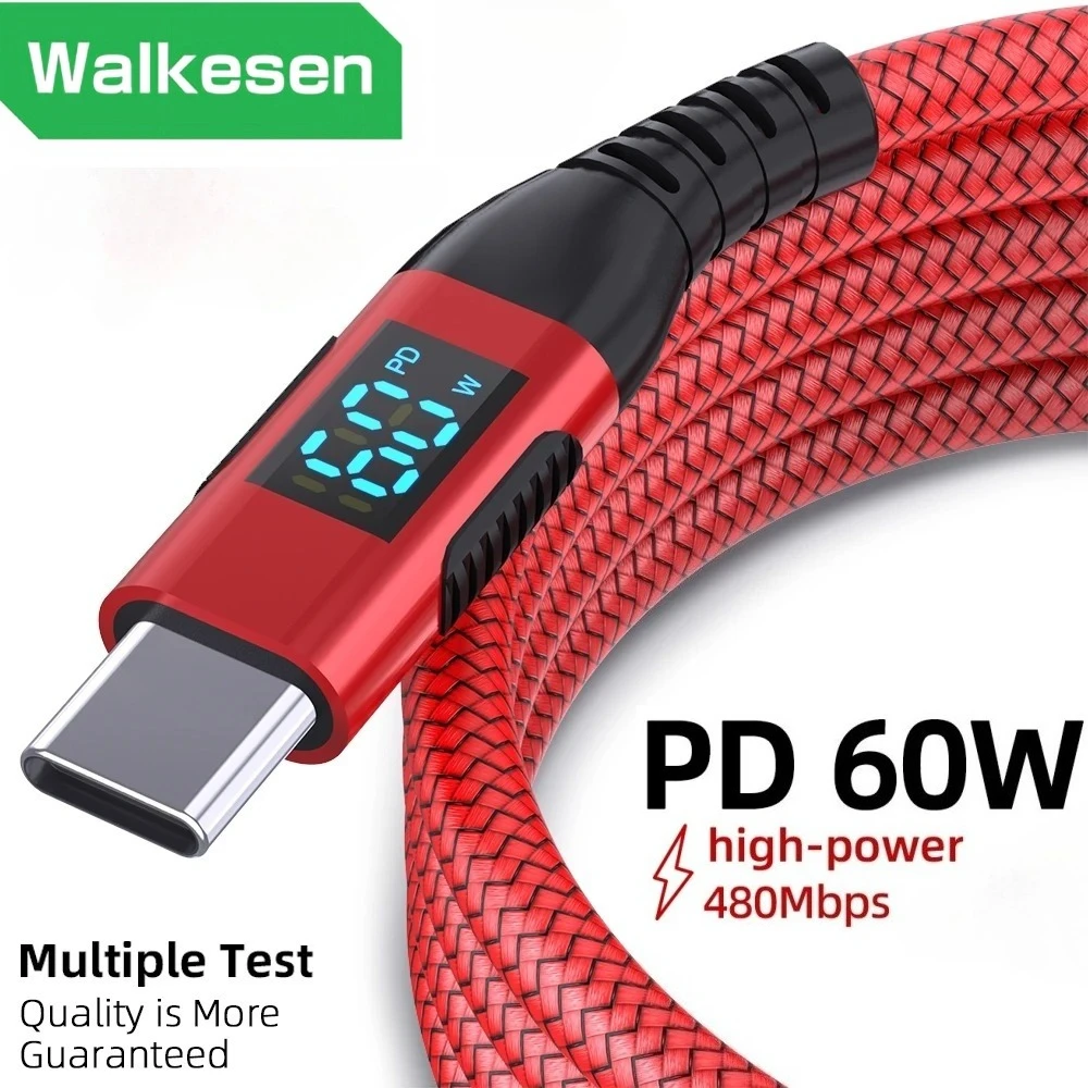 PD 60W Type C to Type C Fast Charging Cable With LED Display Nylon Braided Type C High Speed Data Cord For iPhone Xiaomi Samsung