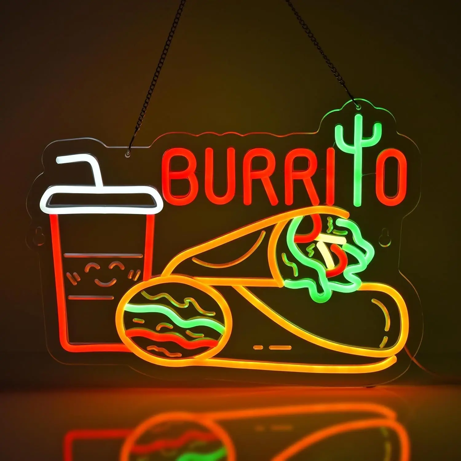 Burrito Neon Light Dimmable LED Wall Art Mexican Food Sign with Drink USB Power Tex Mex Restaurant Kitchen Business Decor Light