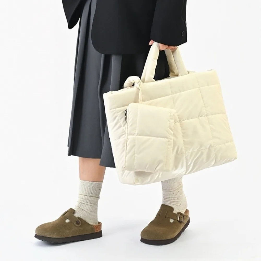 

Portable Quilted Tote Handbags Solid Color Soft Nylon Travel Shoulder Bag Cotton Padded Large Capacity Shopping Down Bag