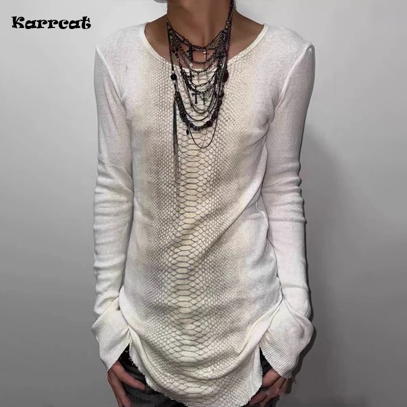 Karrcat Trashy Y2k T-Shirt mit Schlangenleder-Print, Grunge-Ästhetik, langärmelige Strickoberteile, Vintage 2000er Streetwear, amerikanischer Retro-Stil