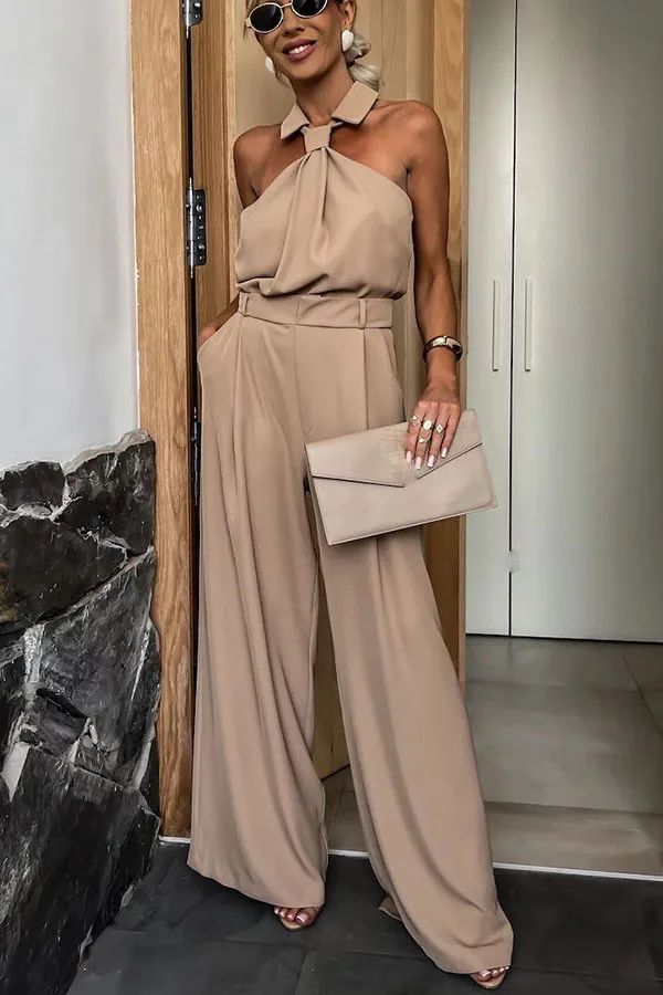 Dames halter jumpsuit nek revers off-shoulder mouwloze lange jumpsuit ritssluiting aan de achterkant hoge taille wijde pijpen jumpsuit