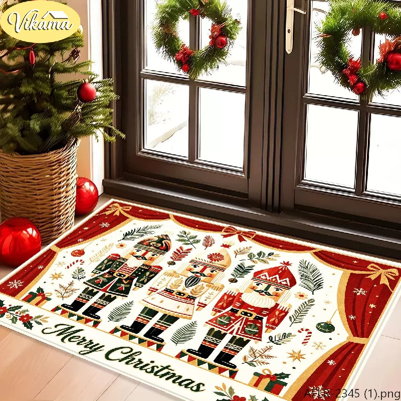 VIKAMA Wood Grain Merry Christmas Nutcracker Doormat, Non-Slip Absorbent Entryway Mat, Holiday Door Rug for Home Decor