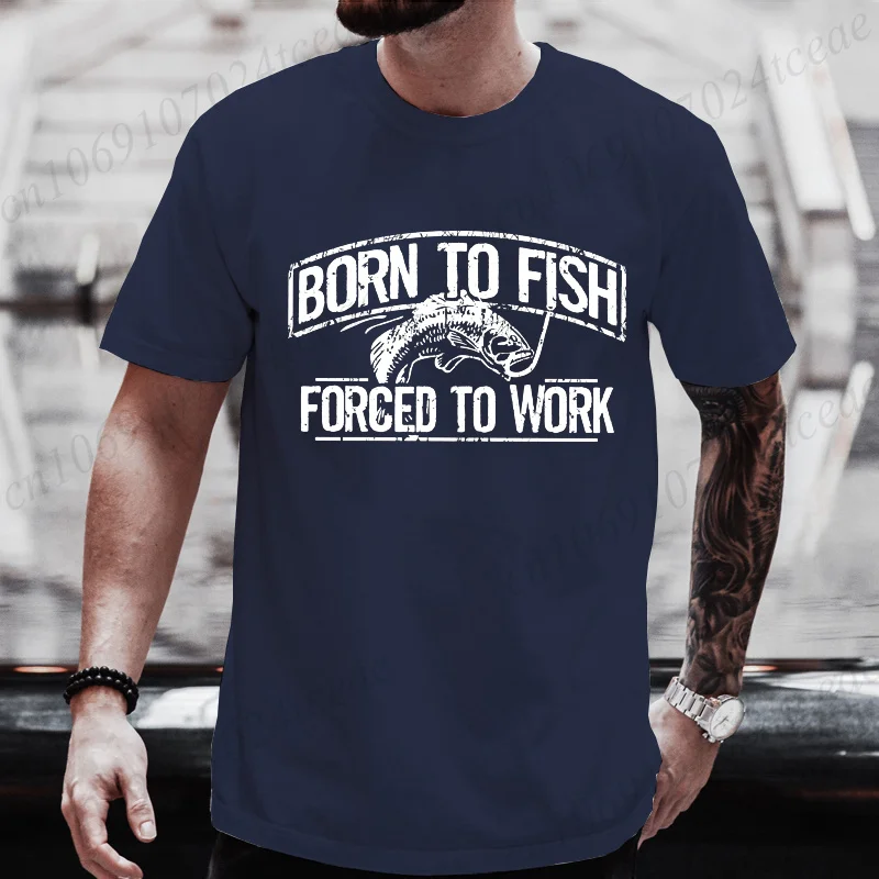 Fishing T-Shirt Born To Fish Forced To Work Mens Tshirt Fathers Day Gift Birthday Dad Husband Daddy Grandpa Men's T-Shirts Tops