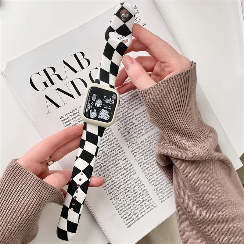 Korean Checkerboard Lattice Strap+Case For Apple Watch Series 7 41mm 45mm 44mm 40mm 38mm 42mm Silicone Band For IWatch 6 SE 5 4