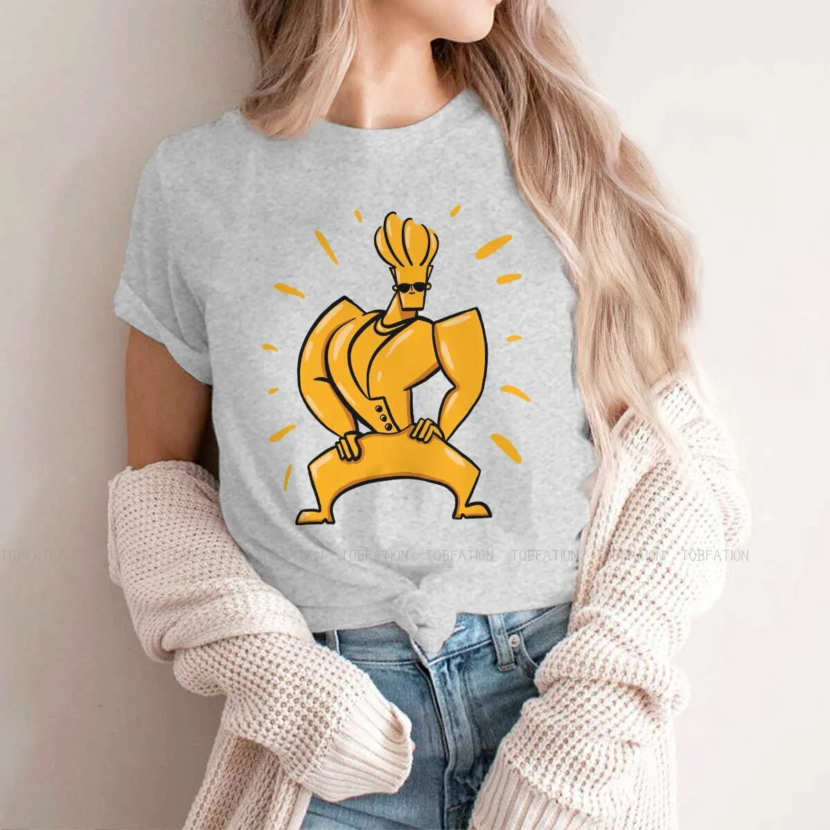 Golden  O Neck TShirt Johnny Bravo Bravo Cartoon Pure Cotton Basic T Shirt Woman New Design Big Sale