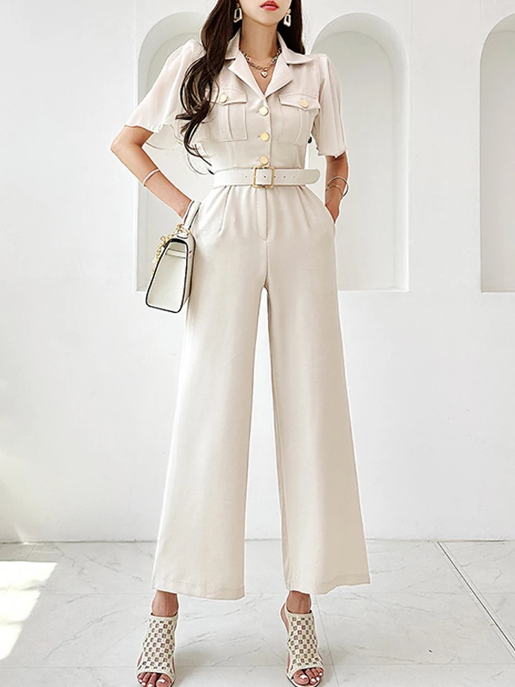 

Fashion Elegant Jumpsuits Women Clothing Formal Professional Sheer Sleeve Single Breasted Belt Long Pants Wide Leg Loose Rompers