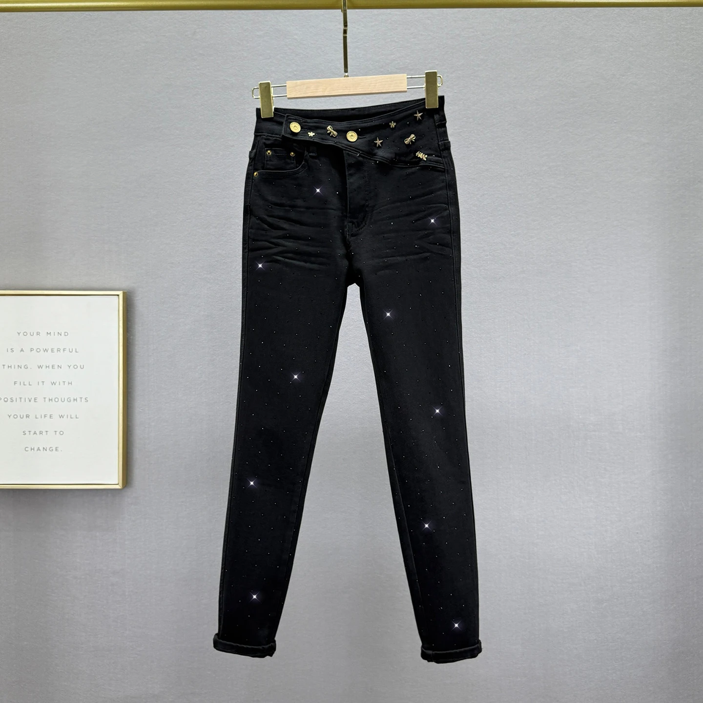 

European Style Rhinestone Denim Skinny Pants for Women, 2025 Autumn New Elastic High Waist Slimming Nine-point Pencil Pants