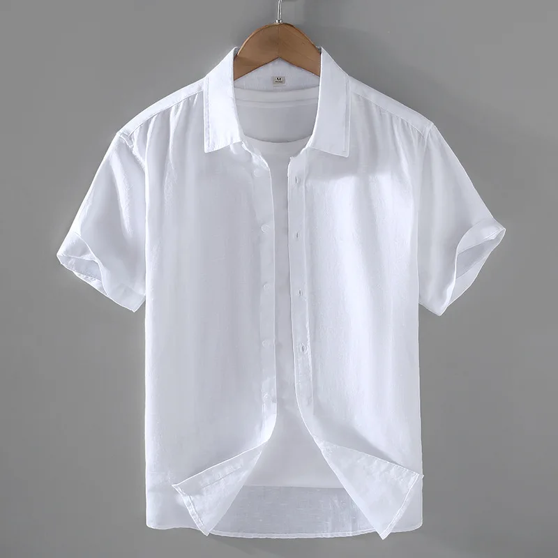 2024 Men\'s Solid Color Linen Shirt Short Sleeve Summer Breathable Thin Linen Casual Shirt