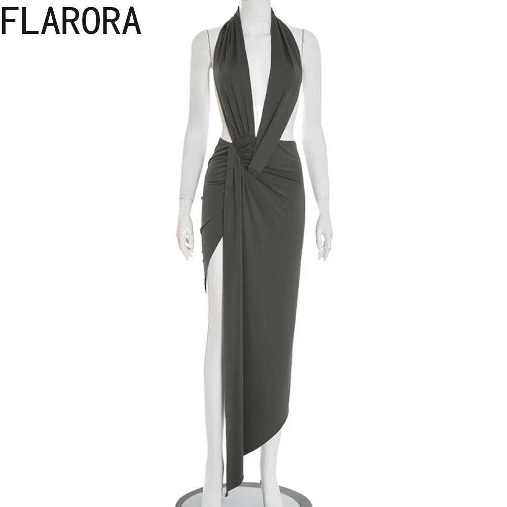 FLARORA Elegant Halter Backless Maxi Dress Woman Deep V Sleeveless Side Slit Irregular Dresses Luxury Evening Patry Clubwear New