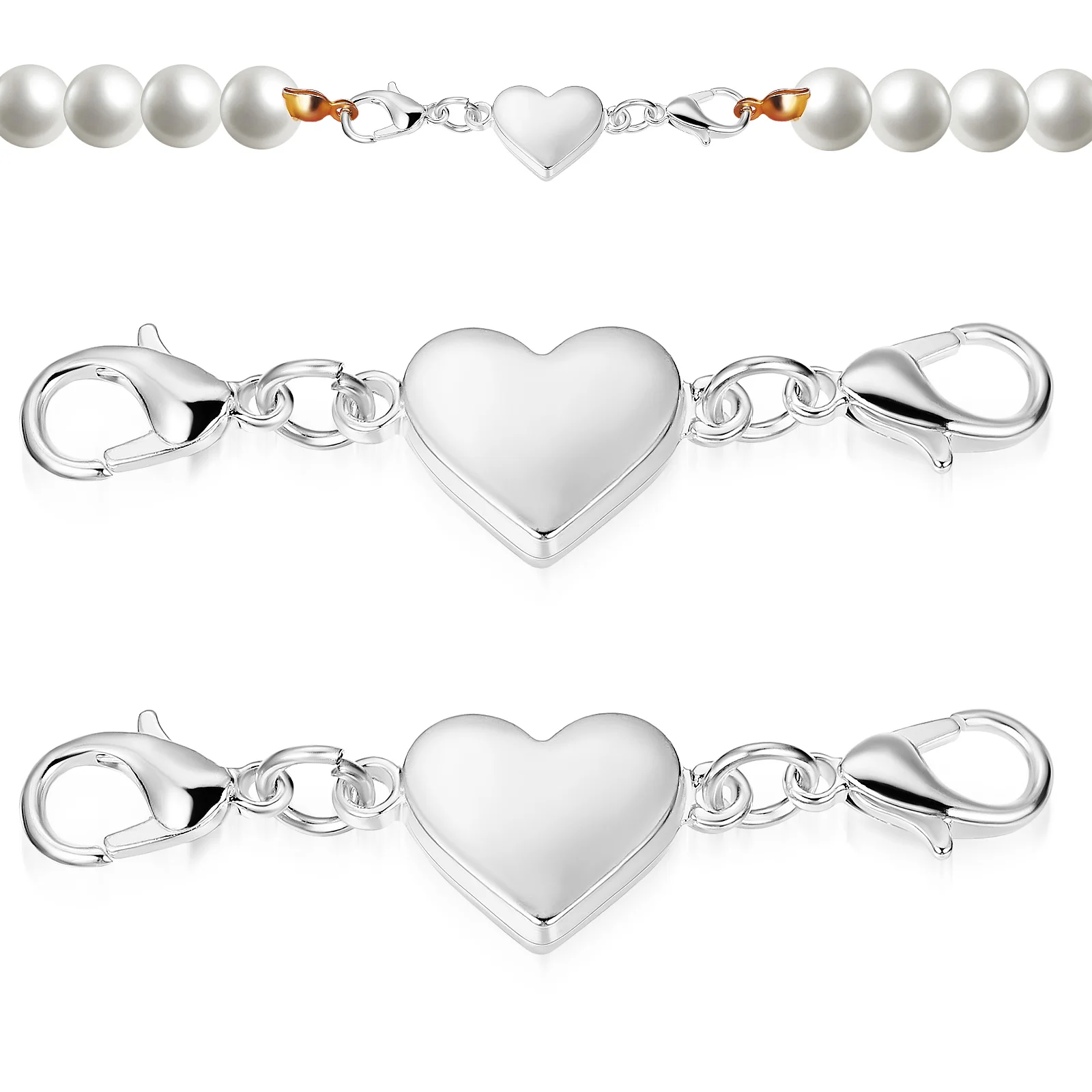 

2 Pcs Heart Shaped Magnetic Clasp Chain Necklace Extension Shortener Sterling Silver Charm Bracelet Buckles Closures Clasps