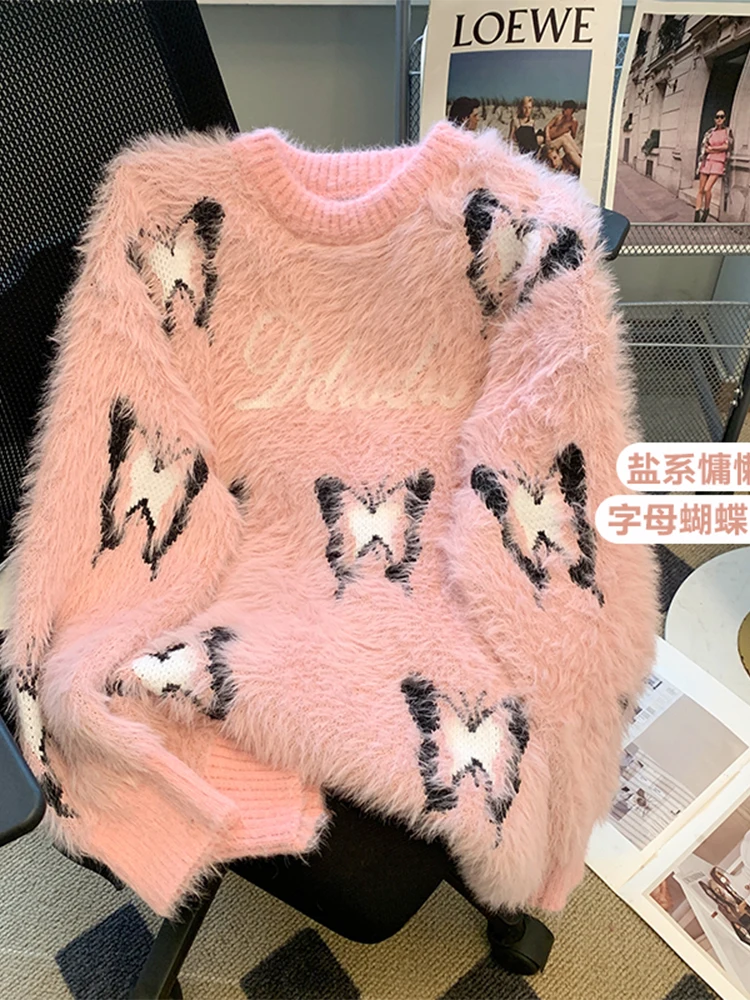 

Women Pink Pullover Mohair Sweater Harajuku Y2k Long Sleeve Oversize Knitted Cashmere Sweaters Vintage 2000s Clothes Autumn 2024