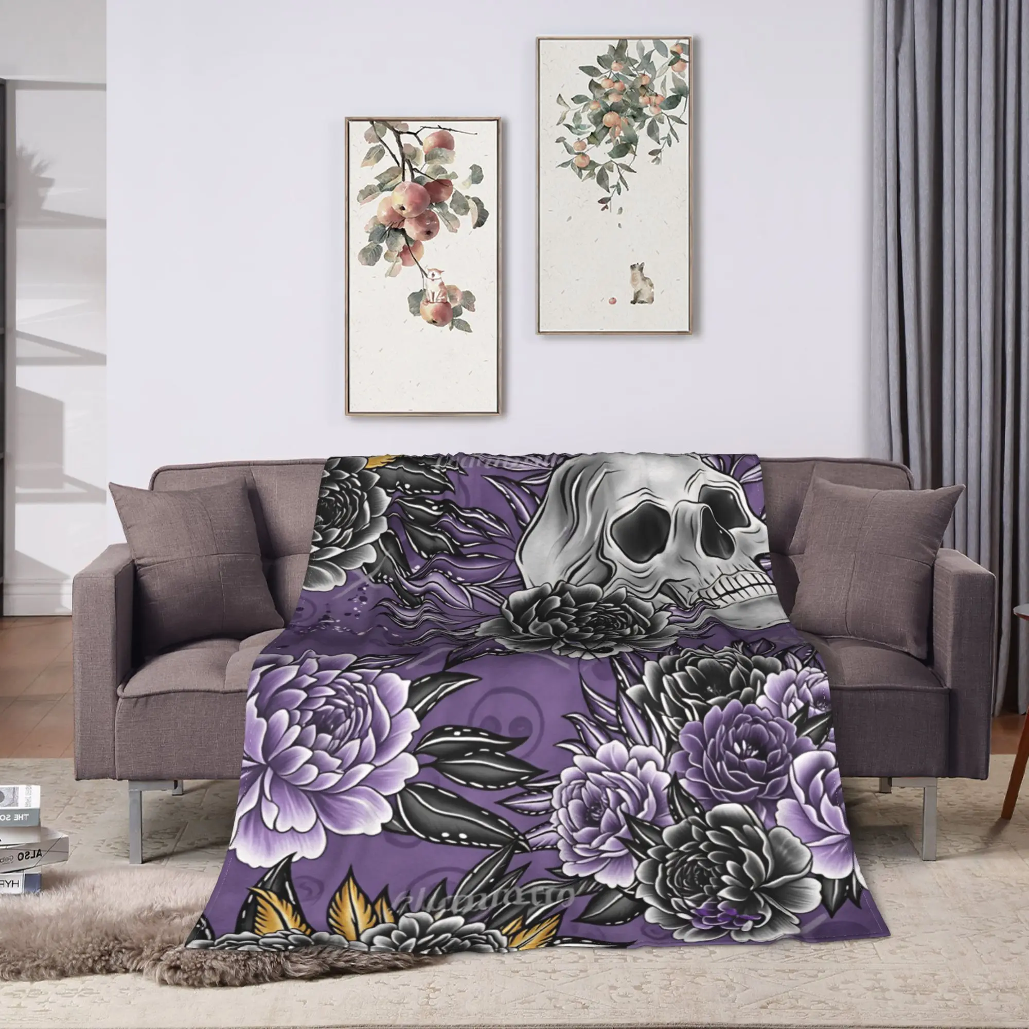 Skull Purple Peony Feather Seamless Pattern Soft Comfy Blanket For Living Room  Novelty Throw Blanket Winter Flannel Bedspread
