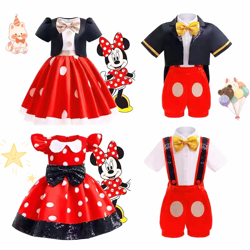 

2pcs Hot Anime Mickey Mouse Dress for Girls Minnie Cartoon Clothes Headband Boys Cosplay Costumes Fancy Bow Tie Clothing Set