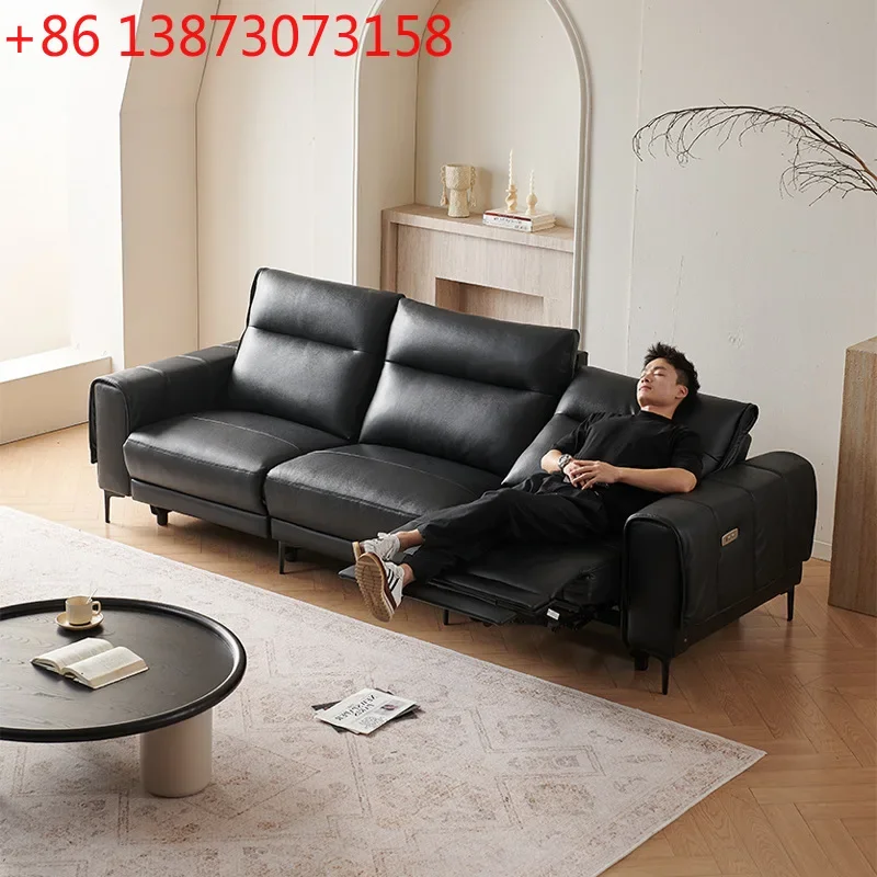 Leather sofa zero against the wall black retro style first layer cowhide retractable adjustable electric function three-person